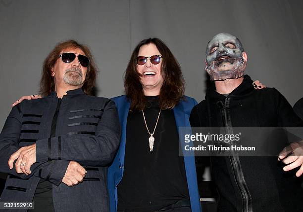 Geezer Butler, Ozzy Osbourne and Corey Taylor attend the Ozzy Osbourne and Corey Taylor Special Announcement on May 12, 2016 in Hollywood, California.