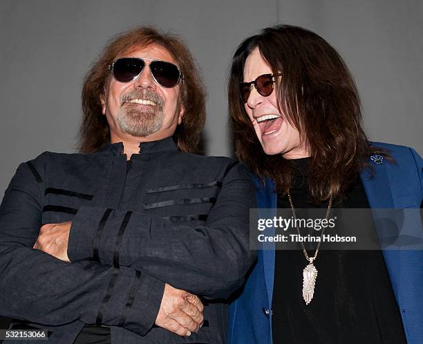 Geezer Butler and Ozzy Osbourne attend the Ozzy Osbourne and Corey Taylor Special Announcement on May 12, 2016 in Hollywood, California. California.
