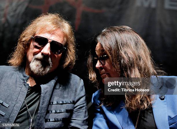 Geezer Butler and Ozzy Osbourne attend the Ozzy Osbourne and Corey Taylor Special Announcement on May 12, 2016 in Hollywood, California. California.