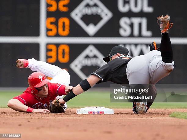 Miguel Rojas of the Miami Marlins tags out David Lough of the Philadelphia Phillies trying to steal second base in the bottom of the first inning at...
