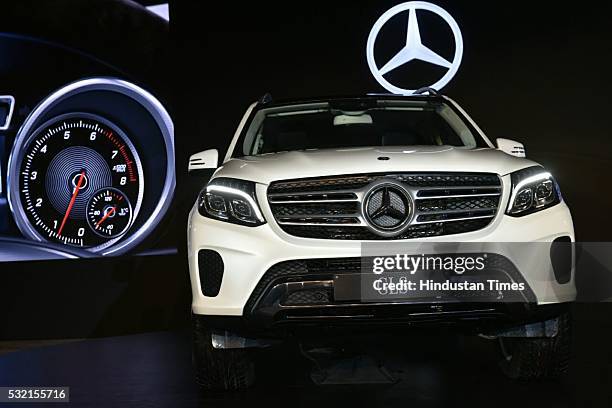 Front view of Mercedes Benz GLS 350d car during its launch on May 18, 2016 in New Delhi, India. The new Mercedes-Benz GLS 350d SUV is the new...