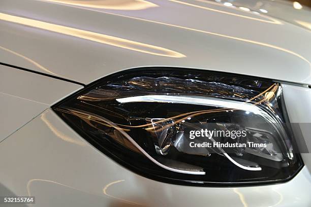 View of Headlamp of Mercedes Benz GLS 350d car during its launch on May 18, 2016 in New Delhi, India. The new Mercedes-Benz GLS 350d SUV is the new...