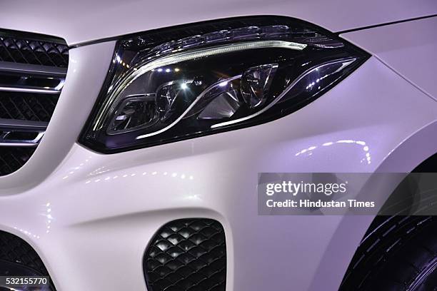 View of Headlamp of Mercedes Benz GLS 350d car during its launch on May 18, 2016 in New Delhi, India. The new Mercedes-Benz GLS 350d SUV is the new...