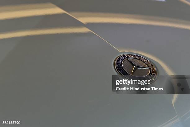 Mercedes Benz logo on Bonnet of Mercedes Benz GLS 350d car during its launch on May 18, 2016 in New Delhi, India. The new Mercedes-Benz GLS 350d SUV...
