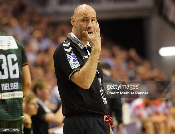 Coach Erlingur Richardsson of Fuechse Berlin during the game between Fuechse Berlin and the SC Magdeburg on May 18, 2016 in Berlin, Germany.