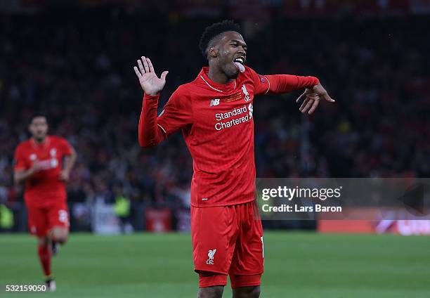 Daniel Sturridge of Liverpool celebrates scoring his team's first goal during the UEFA Europa League Final match between Liverpool and Sevilla at St....