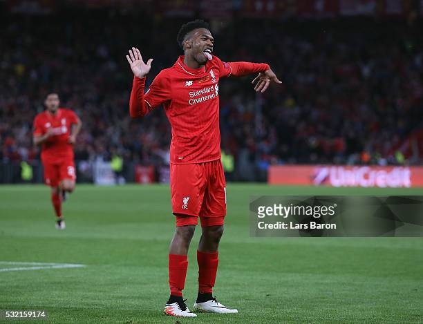 Daniel Sturridge of Liverpool celebrates scoring his team's first goal during the UEFA Europa League Final match between Liverpool and Sevilla at St....