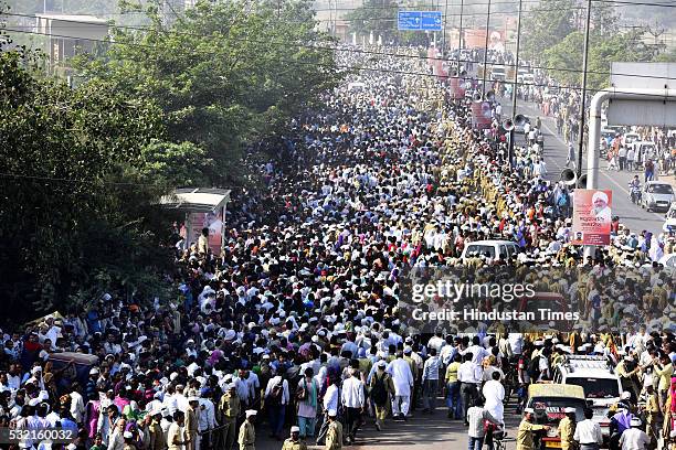 Thousands of devotees join the funeral procession of Sant Nirankari Mission Head Baba Hardev Singh Ji Maharaj and his son-in-law Avneet Setya at...