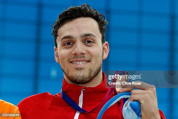 James Guy of Great Britain poses with his bronze medal after coming third in the Men's 200m Freestyle Final on day ten of the 33rd LEN European...