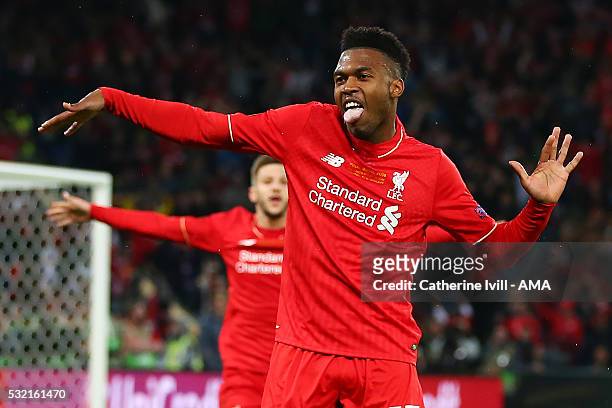 Daniel Sturridge of Liverpool celebrates scoring the first goal to make the score 1-0 during the UEFA Europa League Final between Liverpool and...