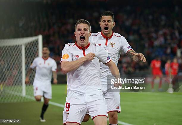 Kevin Gameiro of Sevilla celebrates scoring his team's first goal during the UEFA Europa League Final match between Liverpool and Sevilla at St....