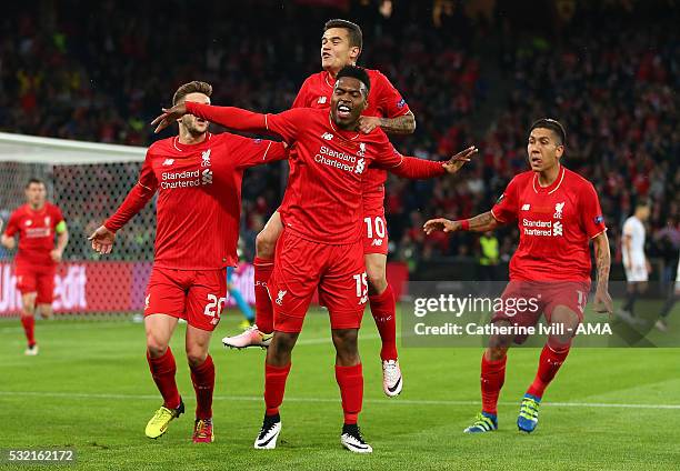 Daniel Sturridge of Liverpool celebrates with his team-mates after scoring the first goal to make the score 1-0 during the UEFA Europa League Final...