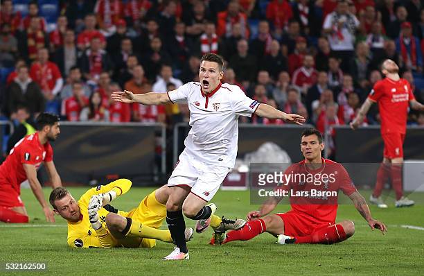 Kevin Gameiro of Sevilla celebrates scoring his team's first goal during the UEFA Europa League Final match between Liverpool and Sevilla at St....