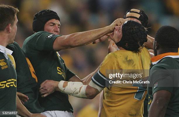 Albert Van Den Bergh of the Springboks punches Stephen Larkham of the Wallabies in the face during the test match between the Australian Wallabies...