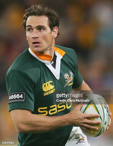 Patch showing the number 46664 is seen on the sleeve of Jaco Van Der Westhuyzen's Springboks jersey during the test match between the Australian...