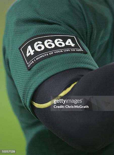 Patch showing the number 46664 is seen on the sleeve of Bryan Habana's Springboks jersey during the test match between the Australian Wallabies and...