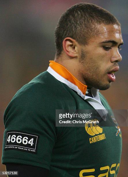 Patch showing the number 46664 is seen on the sleeve of Bryan Habana's Springboks jersey during the test match between the Australian Wallabies and...