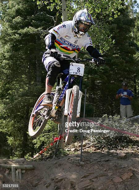 Fabien Barel of France rides during the semi finals of the Downhill Event at the UCI Mountain Bike World Cup July 9, 2005 at the Angel Fire Resort in...
