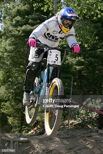 Vanessa Quin of New Zealand rides during the semi finals of the Women's Downhill Event at the UCI Mountain Bike World Cup July 9, 2005 at the Angel...