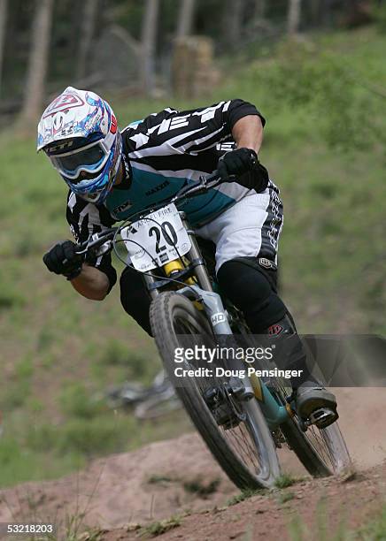 Jared Graves of Australia rides during the finals of the Downhill Event as he finsihed second at the UCI Mountain Bike World Cup on July 9, 2005 at...