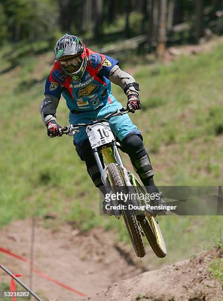Scarlet Hagen of New Zealand rides during the finals as she finsihed second in the Women's Downhill Event at the UCI Mountain Bike World Cup on July...