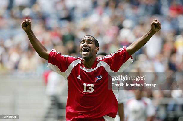 Maikel Galindo of Cuba celebrates a goal against Costa Rica during the preliminary rounds of the CONCACAF Gold Cup on July 9, 2005 at Qwest Field in...