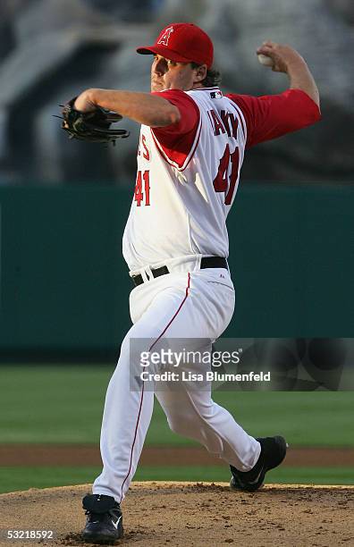 John Lackey of the Los Angeles Angels of Anaheim pitches against the Seattle Mariners on July 9, 2005 at Angel Stadium in Anaheim, California.