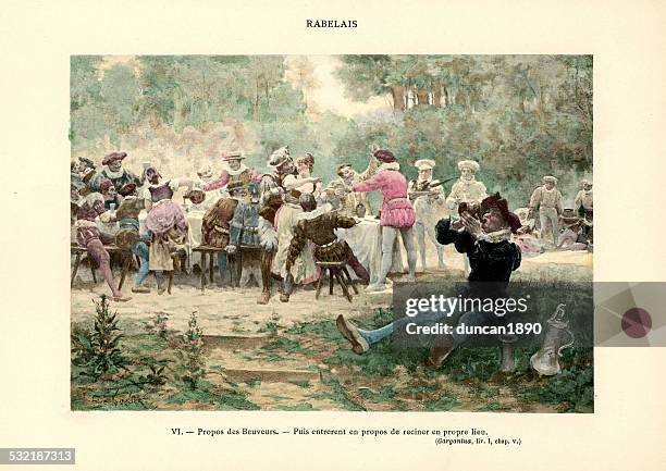 rabelais - discourse of the drinkers - feast paintings stock illustrations