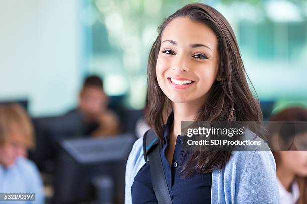 beautiful teen private school student in computer lab - uniform stock pictures, royalty-free photos & images