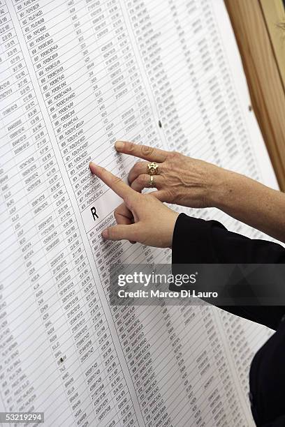 Relatives of some of the Srebrenica massacre victims check names on sheets at the Srebrenica Memorial on July 9, 2005 in Srebrenica, Bosnia,...