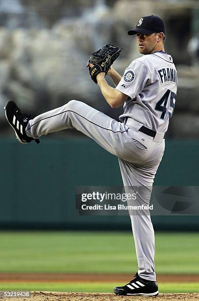 Ryan Franklin of the Seattle Mariners pitches against the Los Angeles Angels of Anaheim on July 9, 2005 at Angel Stadium in Anaheim, California. The...