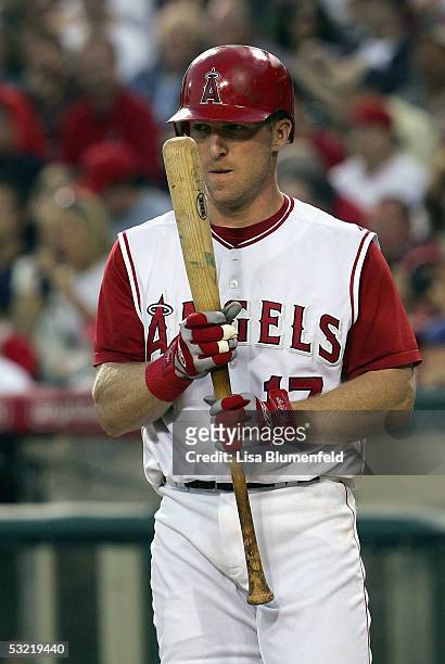Darin Erstad of the Los Angeles Angels of Anaheim gets ready to bat against the Seattle Mariners on July 9, 2005 at Angel Stadium in Anaheim,...