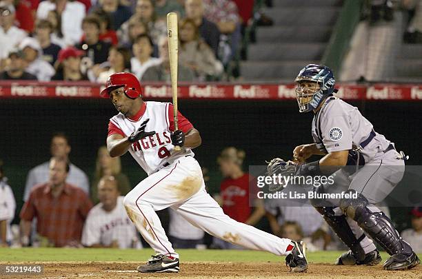 Chone Figgins of the Los Angeles Angels of Anaheim grounds out in the 7th inning against theSeattle Mariners on July 9, 2005 at Angel Stadium in...