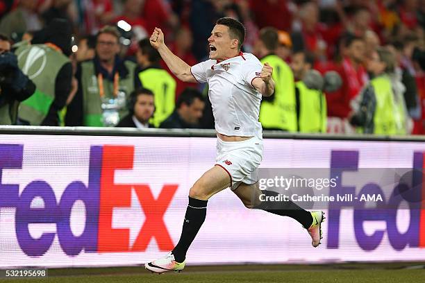 Kevin Gameiro of Sevilla celebrates scoring a goal to make the score 1-1 during the UEFA Europa League Final between Liverpool and Sevilla at St....