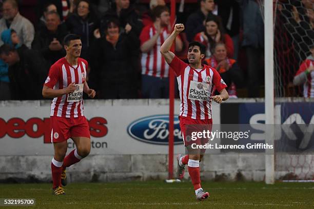 Piero Mingoia of Accrington Stanley celebrates after scoring his team's second goal during the Sky Bet League Two play off, Second Leg match between...