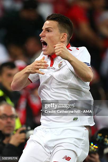 Kevin Gameiro of Sevilla celebrates scoring a goal to make the score 1-1 during the UEFA Europa League Final between Liverpool and Sevilla at St....