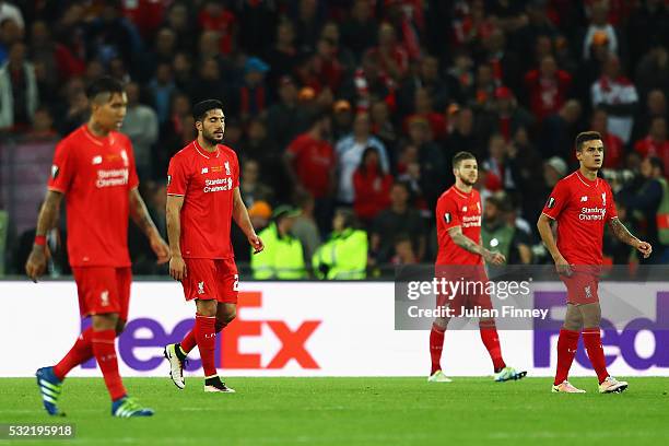 Liverpool players show their dejection after Sevilla's second goal during the UEFA Europa League Final match between Liverpool and Sevilla at St....