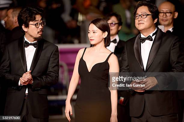 Director Na Hong-Jin, actor Kwak Do-won and actress Chun Woo-Hee attend "The Strangers " Premiere during the 69th annual Cannes Film Festival at the...