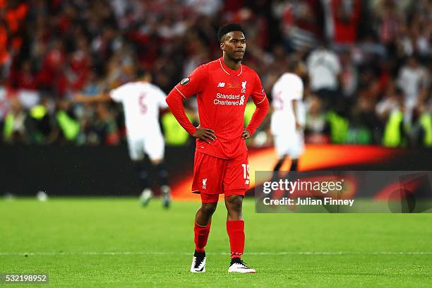 Daniel Sturridge of Liverpool shows his dejection after the UEFA Europa League Final match between Liverpool and Sevilla at St. Jakob-Park on May 18,...