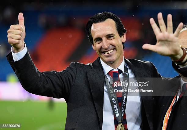 Unai Emery manager of Sevilla celebrates the Europa League champions after the award ceremoy of the UEFA Europa League Final match between Liverpool...