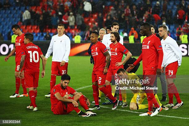Dejected Liverpool players are seen at the award ceremoy after the UEFA Europa League Final match between Liverpool and Sevilla at St. Jakob-Park on...