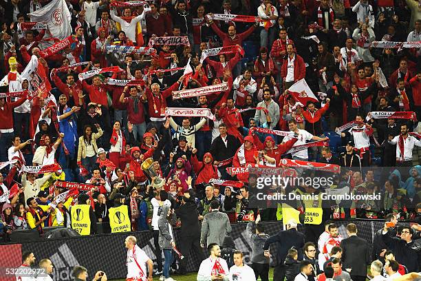 Sevilla supporters celebrate after the UEFA Europa League Final match between Liverpool and Sevilla at St. Jakob-Park on May 18, 2016 in Basel,...