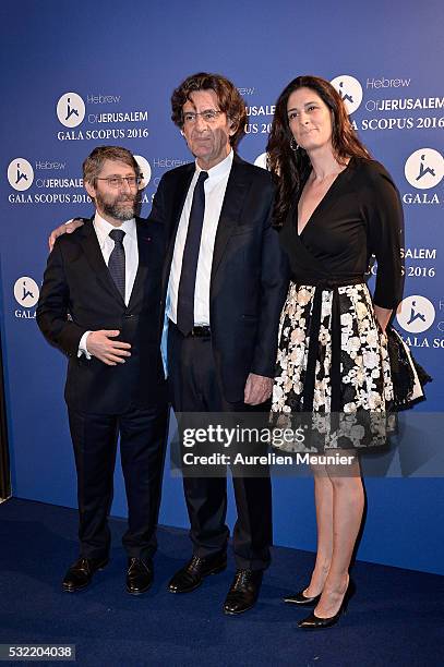 Haim Korsia, Luc Ferry and Marie-Caroline Becq de Fouquieres attend the Scopus gala photocall at Pavillon Vendome on May 18, 2016 in Paris, France.
