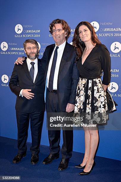 Haim Korsia, Luc Ferry and Marie-Caroline Becq de Fouquieres attend the Scopus gala photocall at Pavillon Vendome on May 18, 2016 in Paris, France.