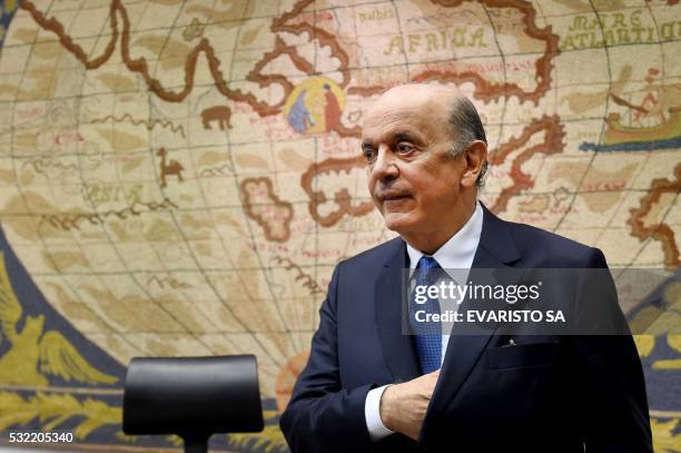 Brazilian new Foreign Minister Jose Serra poses at his office at the Itamaraty Palace in Brasilia on May 18, 2016.