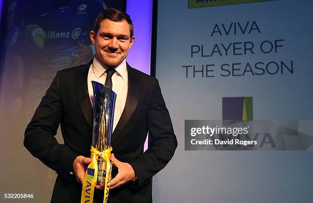 Alex Goode of Saracens poses after being presented with the Aviva Premiership Rugby Player of the Season award during the Aviva Premiership Rugby...