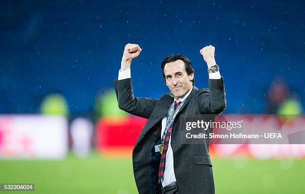 Head coach Unai Emery of Sevilla celebrates after the UEFA Europa League Final between Liverpool and Sevilla at St. Jakob-Park on May 18, 2016 in...