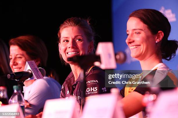 Emma Johansson of Sweden, riding for Wiggle High 5 Pro Cycling addresses the media during a press conference at Harveys Lake Tahoe Hotel and Casino...