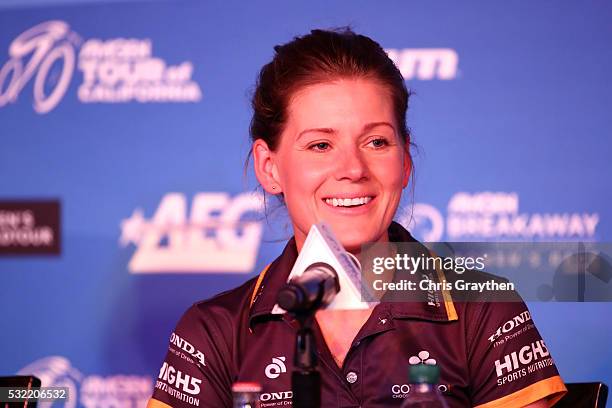 Emma Johansson of Sweden, riding for Wiggle High 5 Pro Cycling addresses the media during a press conference at Harveys Lake Tahoe Hotel and Casino...