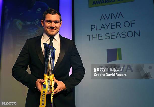 Alex Goode of Saracens poses after being presented with the Aviva Premiership Rugby Player of the Season award during the Aviva Premiership Rugby...